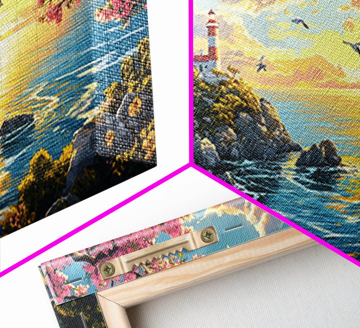 Cherry Blossom Lighthouse Over Golden Sea Framed Canvas Print, Coastal Wall Art, Spring Decor, Ocean Landscape Art Gift Idea