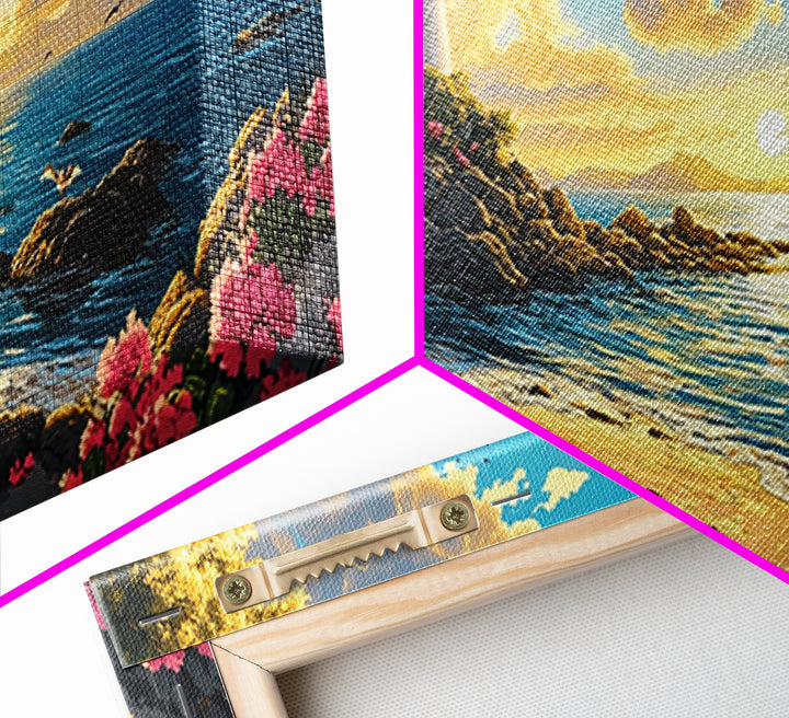 Rocky Beach Lighthouse At Warm Sunset Canvas Print, Coastal Wall Art, Ocean Seascape, Beach House Living Room Decor Gift