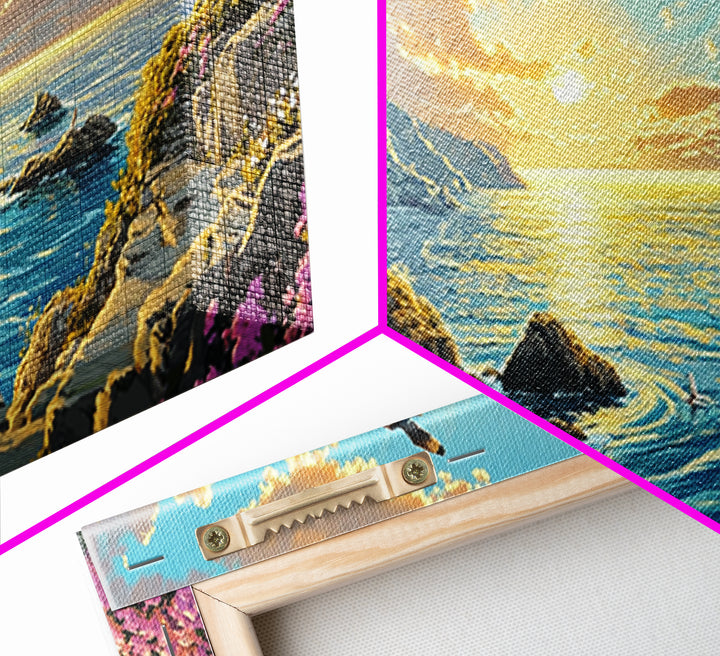 Clifftop Lighthouse Path With Seagulls Framed Canvas Print, Coastal Wall Art, Panoramic Ocean Art, Beach House Decor Gift