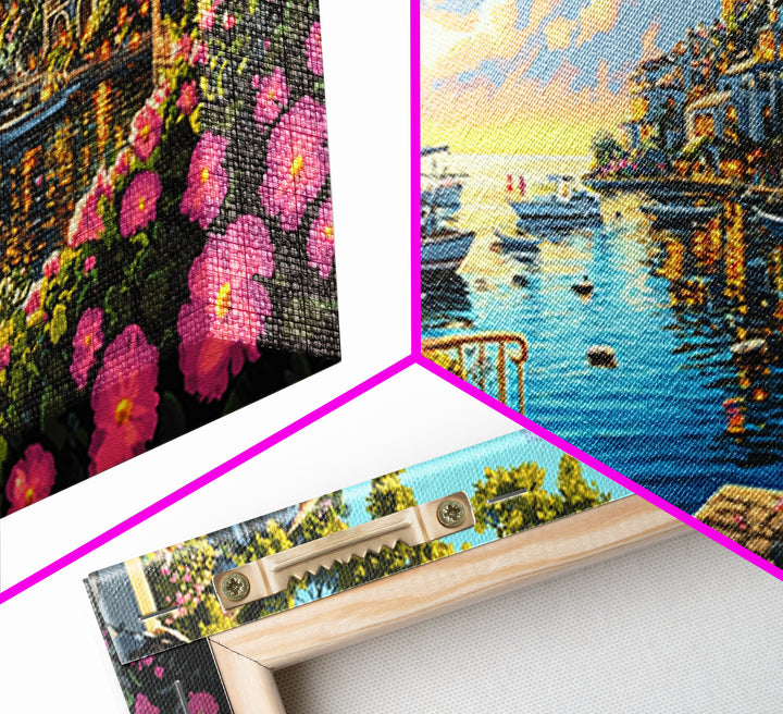 Flower Filled Mediterranean Marina At Sunset Canvas Print, Coastal Wall Art, Italy Decor, Canal Village Landscape Print Gift