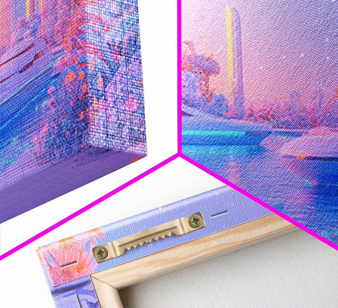 Pastel Futuristic Yacht Canal With Pink Palms Canvas Print, Sci Fi Wall Art, Vaporwave Decor, Dreamy Coastal Poster For Bedroom
