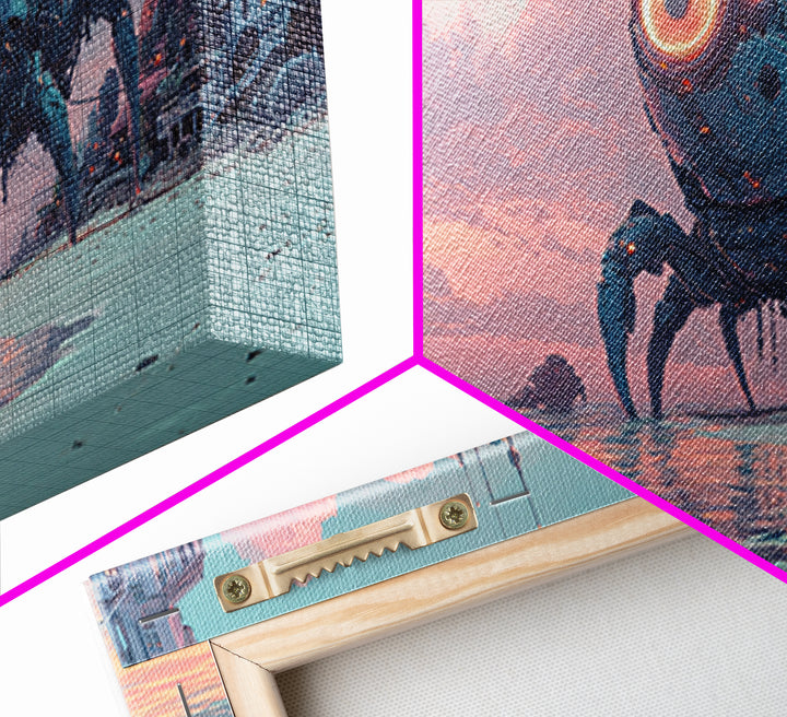 Robot Crab Beach Sunset Wall Art, Sci Fi Coastal Canvas, Futuristic Ocean Decor, Cyberpunk Seascape Print, Gamer Gift For Him