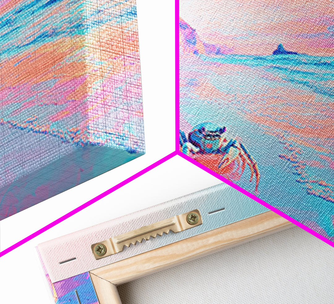 Pastel Crabs On Pink Beach Canvas Print, Coastal Wall Decor, Ocean Sunset Art, Tropical Nursery Decor, Beach House Gift For Her