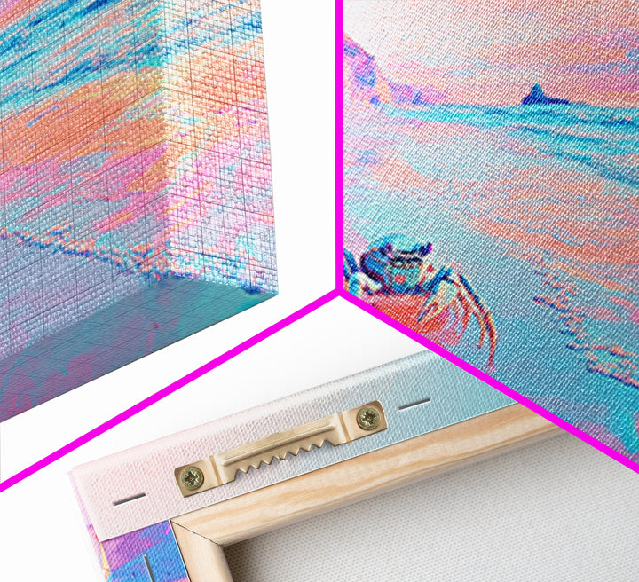 Pastel Crabs On Pink Beach Canvas Print, Coastal Wall Decor, Ocean Sunset Art, Tropical Nursery Decor, Beach House Gift For Her