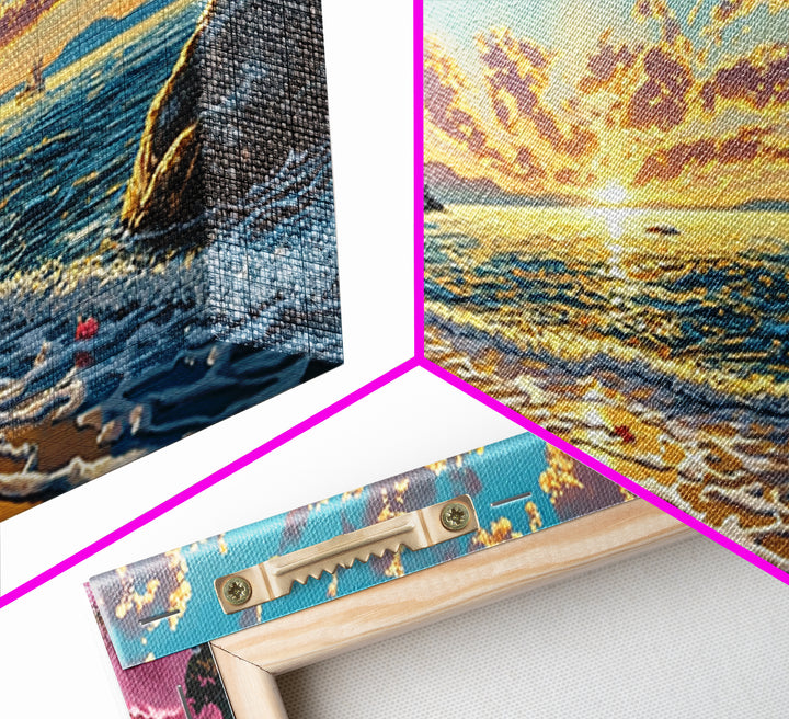 Golden Coastal Sunset With Crab Wall Art, Mediterranean Beach House Decor, Ocean Seascape Print, Living Room Canvas Art Gift