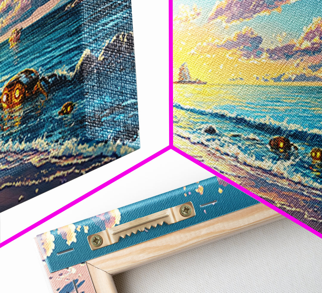 Sunlit Lighthouse Cove And Robot Crab Canvas Print, Coastal Sci Fi Wall Decor, Ocean Beach Art, Futuristic Nautical Gift