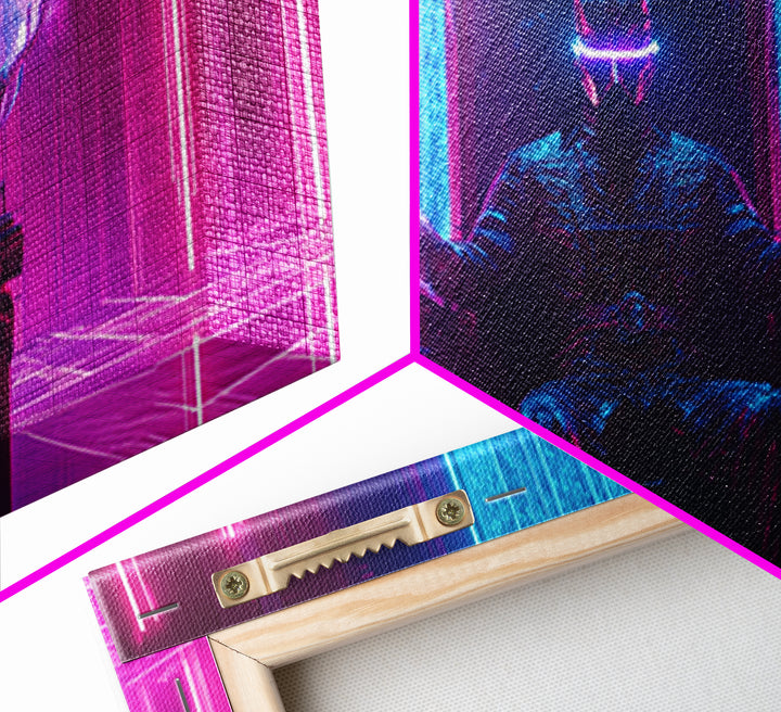 Neon Cyberpunk King On Throne Framed Canvas Print, Futuristic Wall Art, Sci Fi Gaming Room Decor, Dark Fantasy Gift For Him