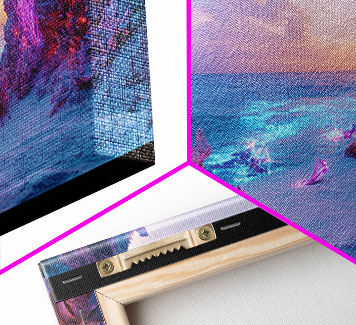 Neon Fantasy Beach With Glowing Coral Canvas Print, Tropical Ocean Wall Art, Cyberpunk Coastal Decor, Ethereal Seascape Print