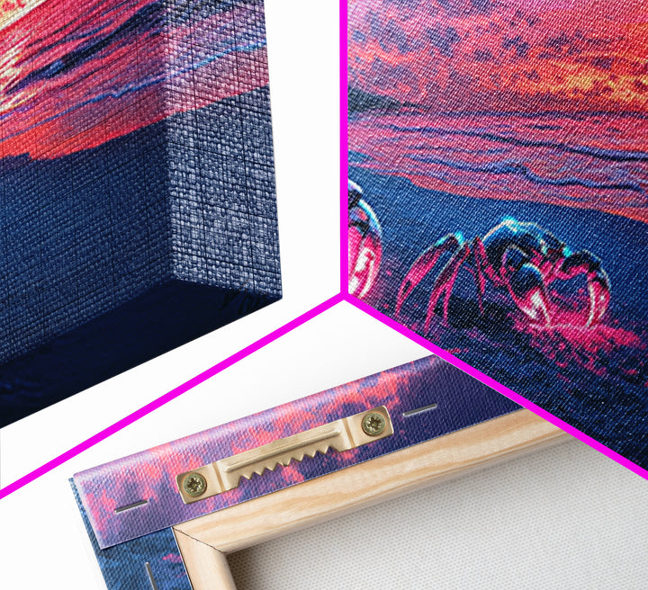Glowing Neon Crabs On Twilight Beach Canvas Print, Cyberpunk Ocean Wall Art, Tropical Coastal Decor, Sci Fi Seascape Gift