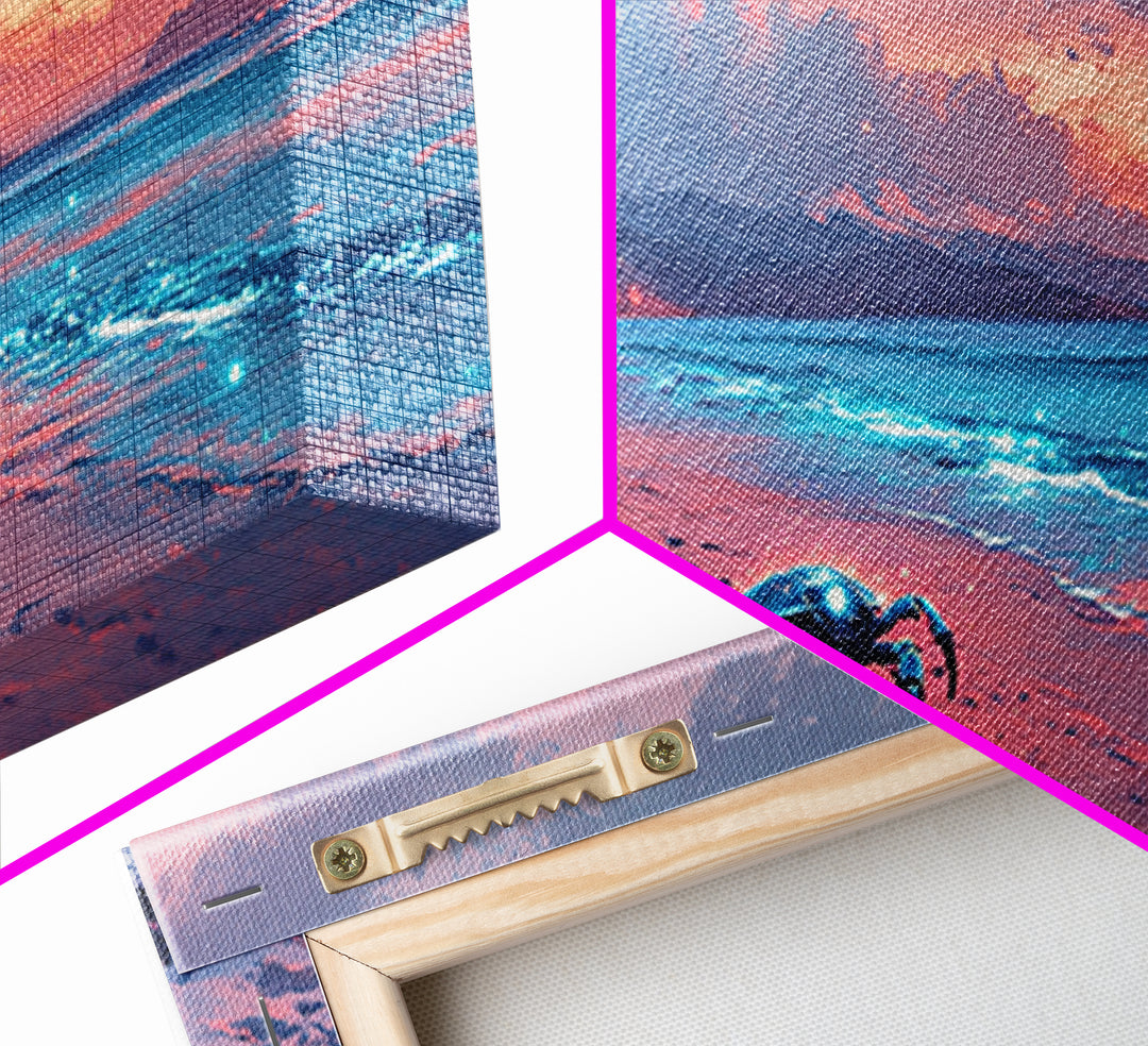 Bioluminescent Crab Beach At Pink Sunset Canvas Print, Coastal Wall Art, Ocean Decor, Beach House Gift, Fantasy Seascape
