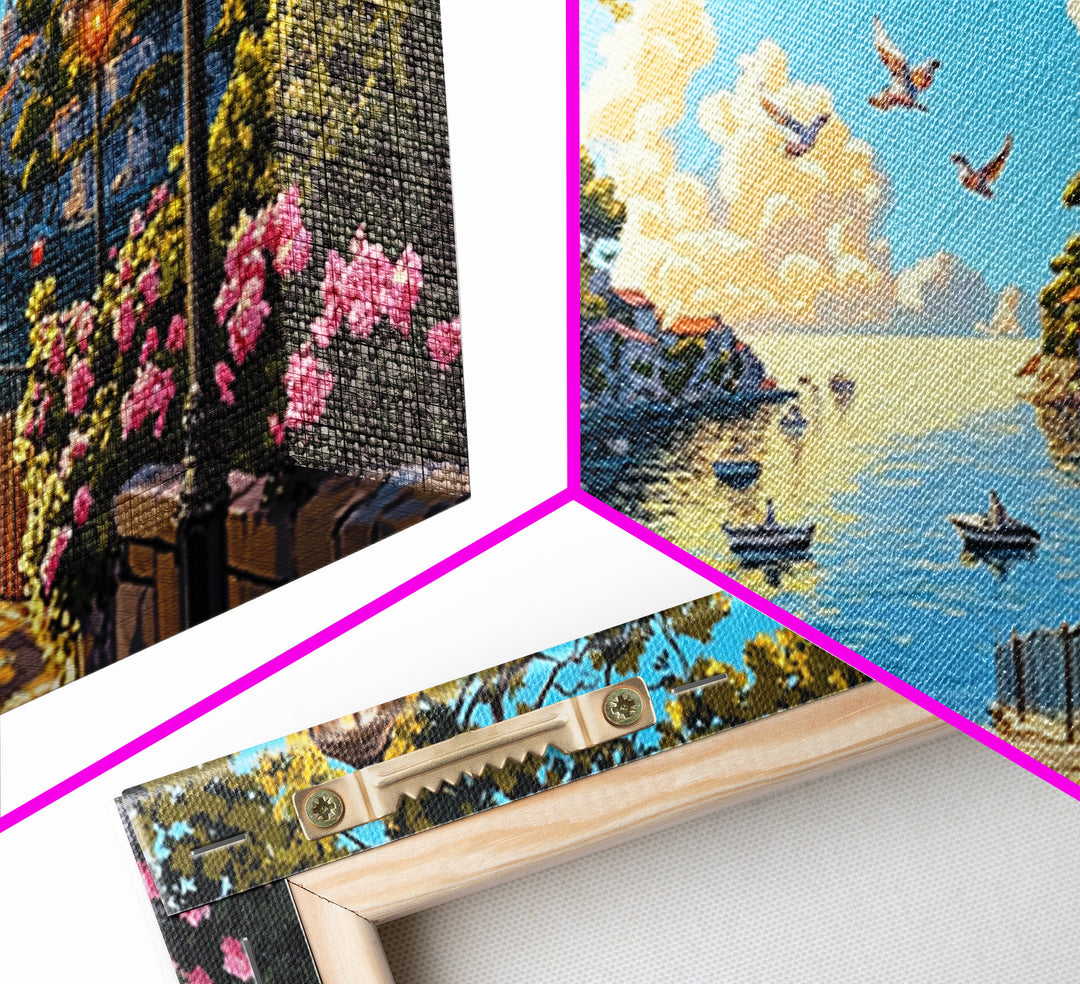 Sunny Mediterranean Harbor With Flowers And Lamps Wall Art, Coastal Canvas Print, Italian Decor, Living Room Wall Decor Gift