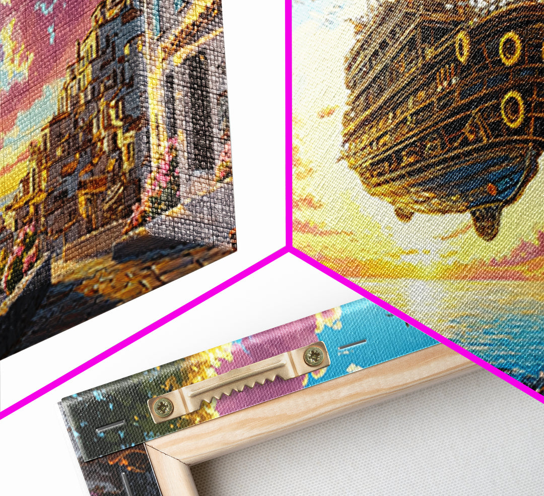 Floating Steampunk Ship Above White Coastal Village Canvas Print, Fantasy Wall Art, Mediterranean Decor, Travel Poster Gift