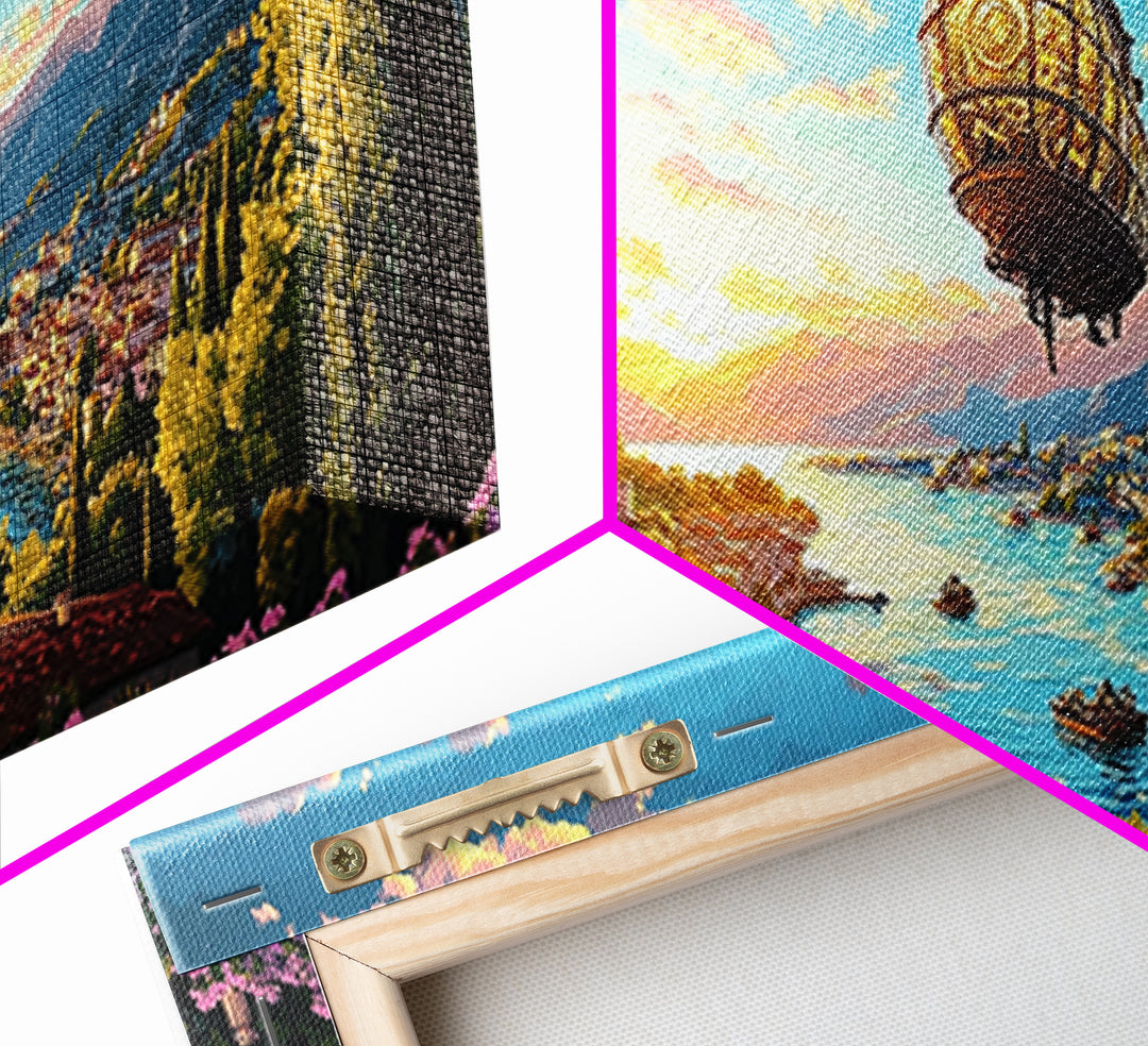 Ornate Airship Over Lake Como Sunset Framed Canvas Print, Italian Wall Art, Mediterranean Decor, Romantic Travel Poster Gift