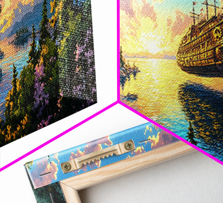 Steampunk Airship Over Sunset Forest Lake Framed Canvas Print, Fantasy Wall Art, Nature Decor, Cabin Living Room Art Gift