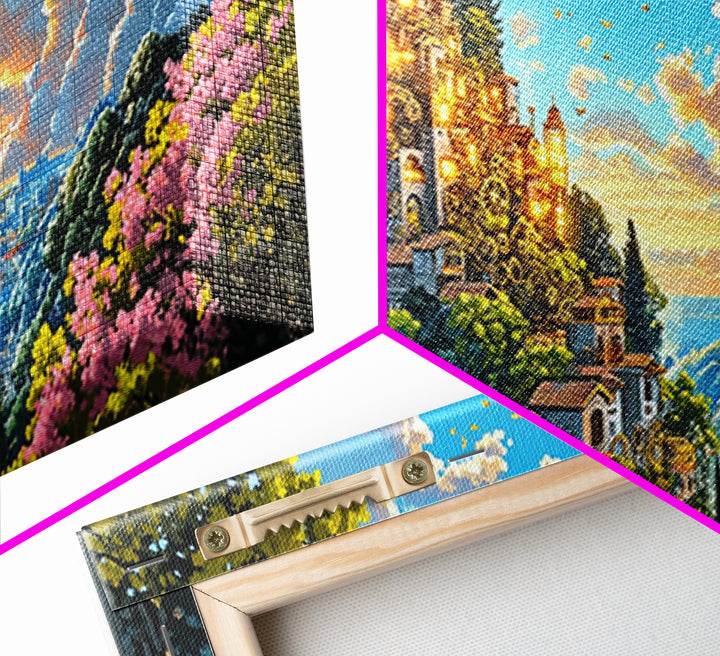 Golden Hilltop Castle With Pink Blossoms And Blue Valley Wall Art, Fantasy Canvas Print, Mediterranean Decor, Maximalist Art Gift