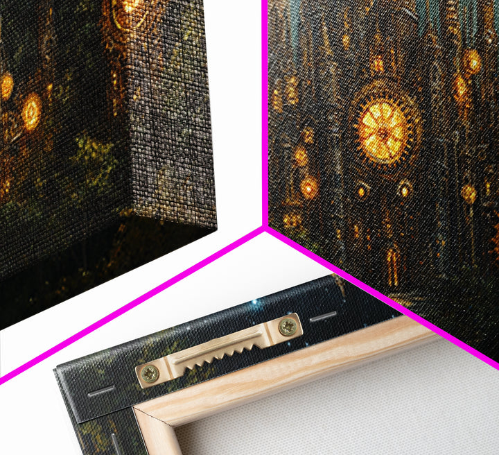Clockwork Cathedral In Starry Forest Wall Art, Steampunk Fantasy City Canvas, Gothic Celestial Decor, Moody Office Print