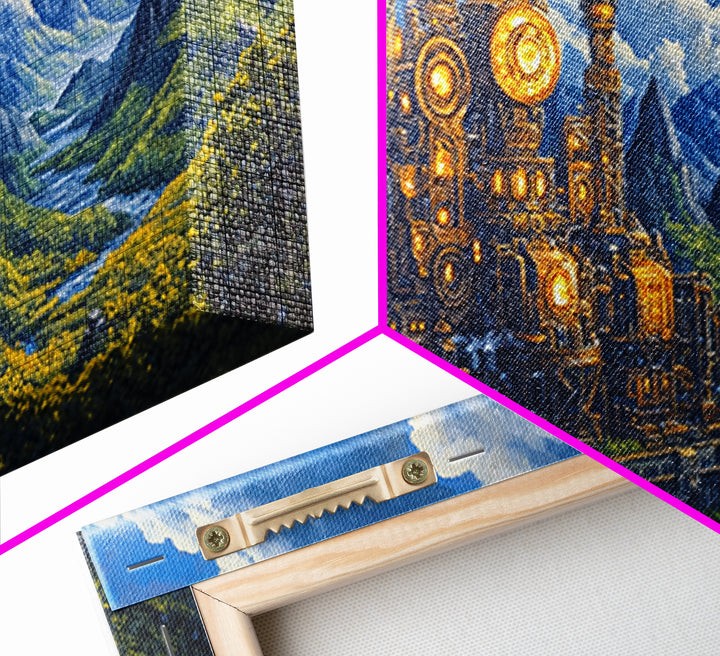 Steampunk Mountain Fortress Canvas Print, Industrial Fantasy Landscape Art, River Valley Wall Decor, Adventure Home Decor