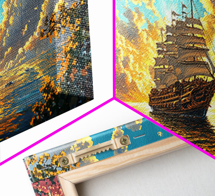 Golden Sailing Ship Canvas Print, Sunset Ocean Seascape Wall Art, Nautical Coastal Decor, Romantic Beach House Living Room Art