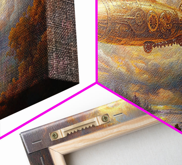 Golden Steampunk Airship Framed Canvas Print, Autumn River Landscape Wall Art, Celestial Moon Decor, Fantasy Office Art Print