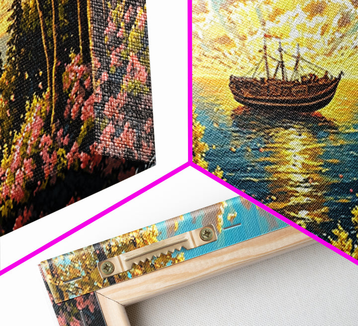 Sunset Boat On Forest Lake Wall Art, Wildflower Coastal Landscape Canvas Print, Rustic Nature Home Decor, Cozy Cabin Art