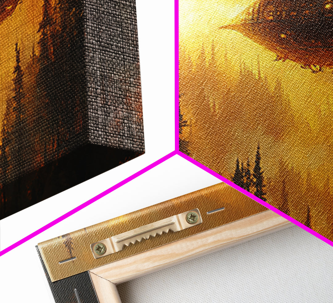 Golden Airship Over Pine Forest Wall Art, Dark Fantasy Castle Canvas Print, Moody Steampunk Landscape, Gothic Home Decor
