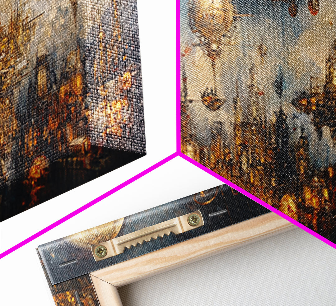 Steampunk Fantasy City With Airships Framed Canvas Print, Futuristic Wall Art, Dark Sci Fi Decor, Large Gothic Skyline Art