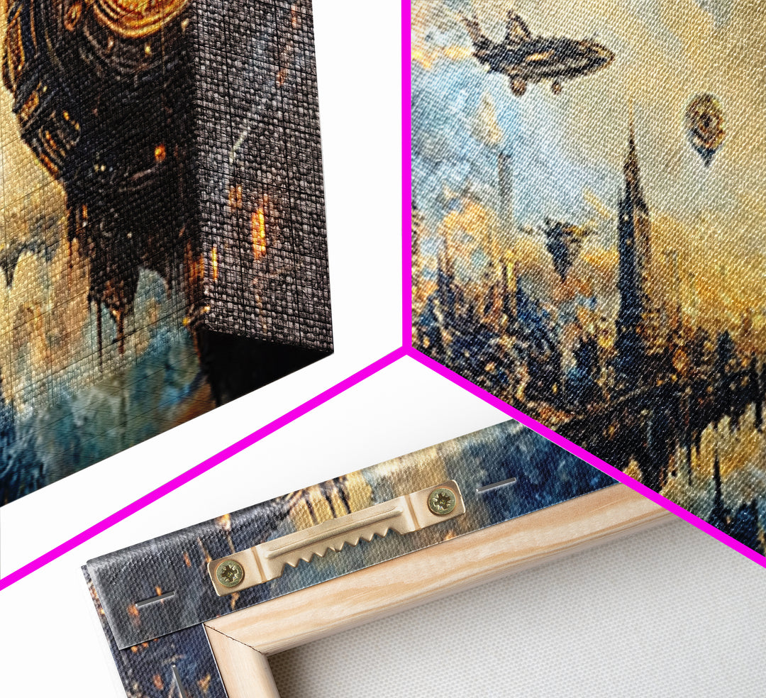 Sci Fi Clockwork City With Airships Framed Canvas Print, Futuristic Wall Art, Space Decor, Cyberpunk Cityscape Art, Large Wall Art