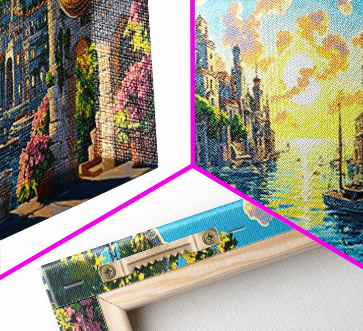 Glowing Canal City With Golden Portals Framed Canvas Print, Mediterranean Wall Art, Coastal Decor, Fantasy Landscape Art