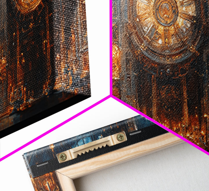 Ornate Steampunk Clock Hall Framed Canvas Print, Gothic Wall Art, Industrial Decor, Large Clockwork Interior Art, Office Decor