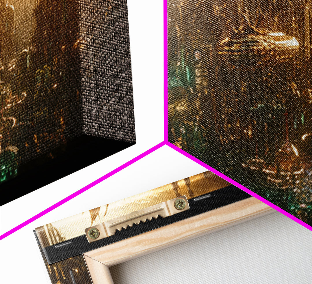 Golden Futuristic City With Airships Canvas Print, Cyberpunk Wall Art, Sci Fi Decor, Dark Fantasy Skyline, Large Wall Art