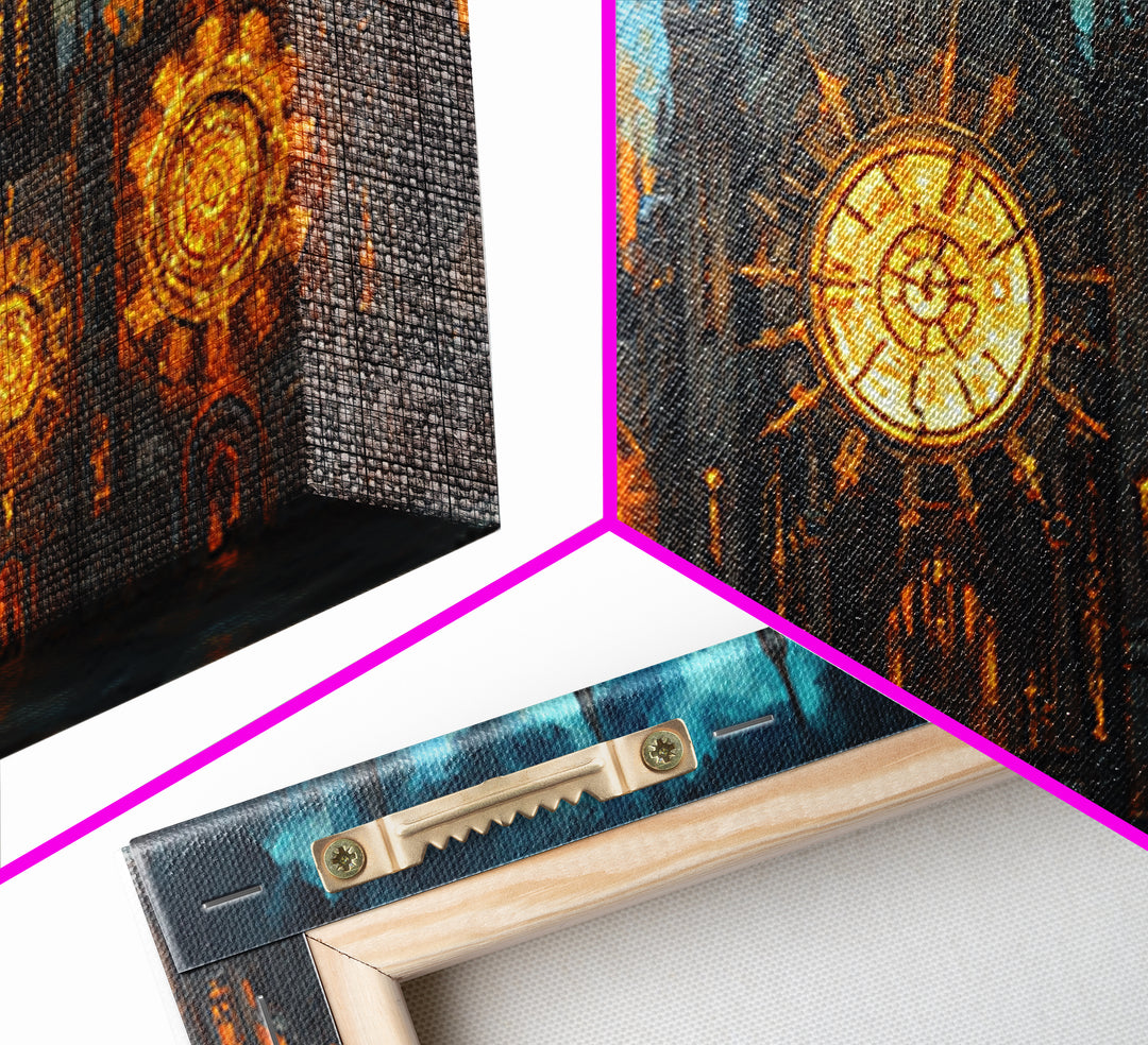 Gothic Clockwork Cathedral With Glowing Clocks Framed Canvas Print, Dark Academia Wall Art, Steampunk Decor, Large Wall Art