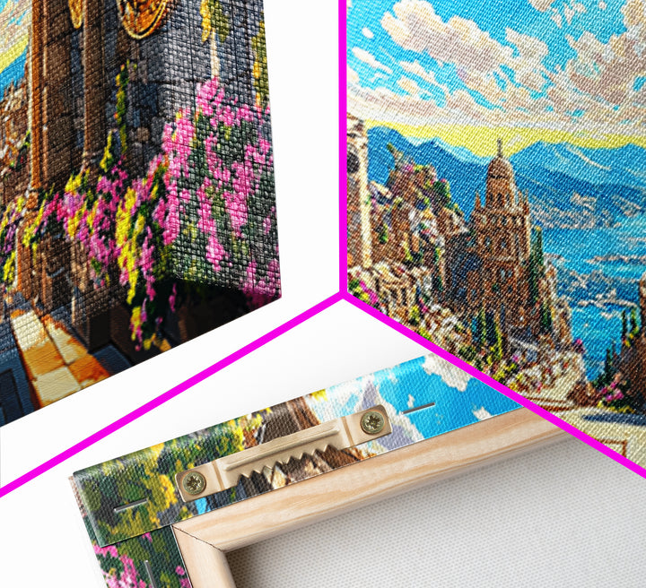Sunlit Mediterranean Archway And Floral Coastal City Wall Art, Fantasy Italy Seascape Print, Large Travel Decor Home Decor Canvas Print
