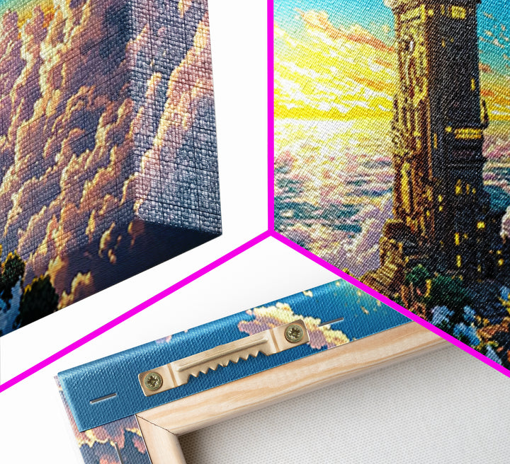 Golden Tower Above The Clouds Canvas Print, Fantasy Sky Castle Wall Art, Celestial Sunset Landscape For Living Room Decor