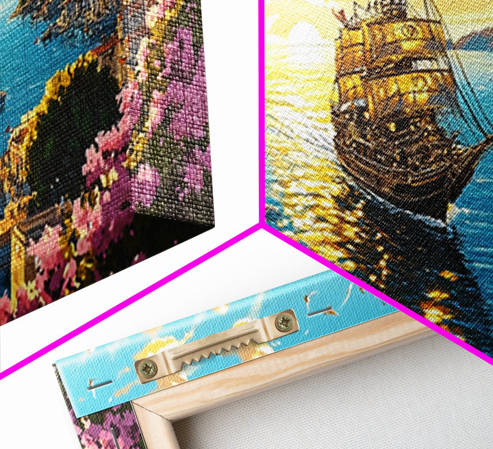 Ornate Ship In Sunlit Harbor Canvas Print, Mediterranean Coastal Wall Art, Floral Seascape Travel Home Decor For Living Room