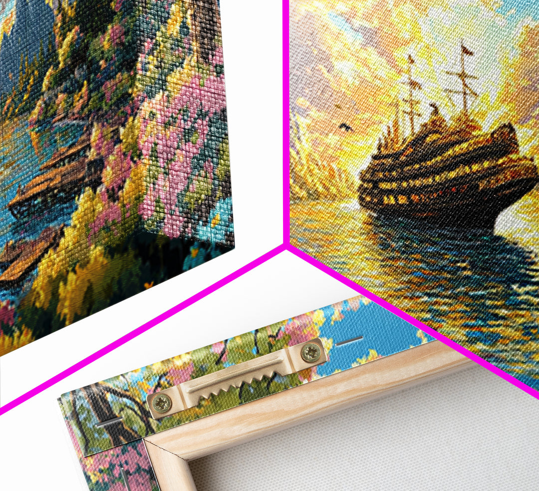Mountain Lake With Blooming Flowers Wall Art, Fantasy Sailing Ship Canvas Print, Colorful Nature Landscape Large Home Decor