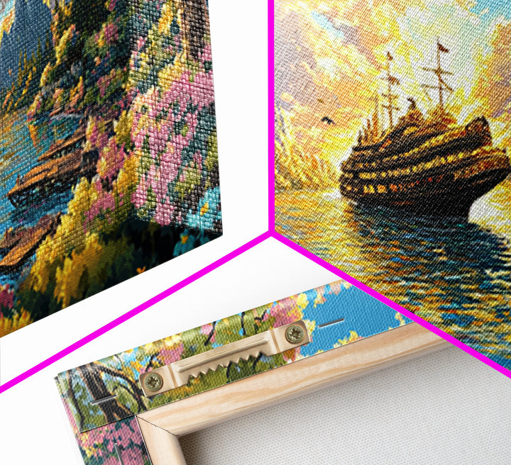Mountain Lake With Blooming Flowers Wall Art, Fantasy Sailing Ship Canvas Print, Colorful Nature Landscape Large Home Decor
