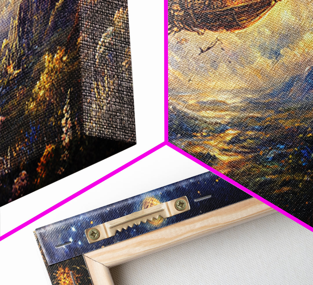 Golden Airship Over Moonlit Castle Valley Framed Canvas Print, Celestial Fantasy Wall Art, Steampunk Landscape Decor For Living Room