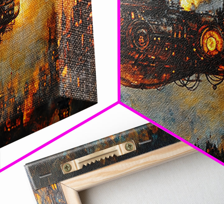 Dark Steampunk Airship Above Industrial City Canvas Print, Sci Fi Fantasy Wall Art, Moody Urban Living Room Decor For Home Office