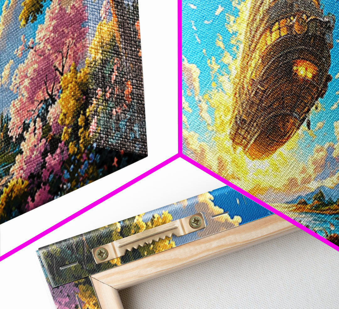 Golden Steampunk Airship Over Blossom Lake Canvas Print, Large Fantasy Landscape Wall Art, Whimsical Coastal Home Decor Gift
