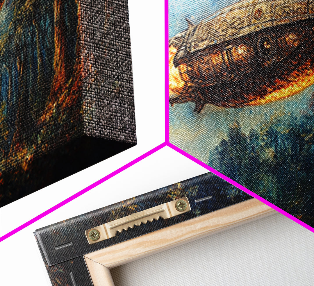 Moonlit Steampunk Airship In Dark Forest Framed Canvas Print, Fantasy Wall Art, Moody Gothic Living Room And Office Decor