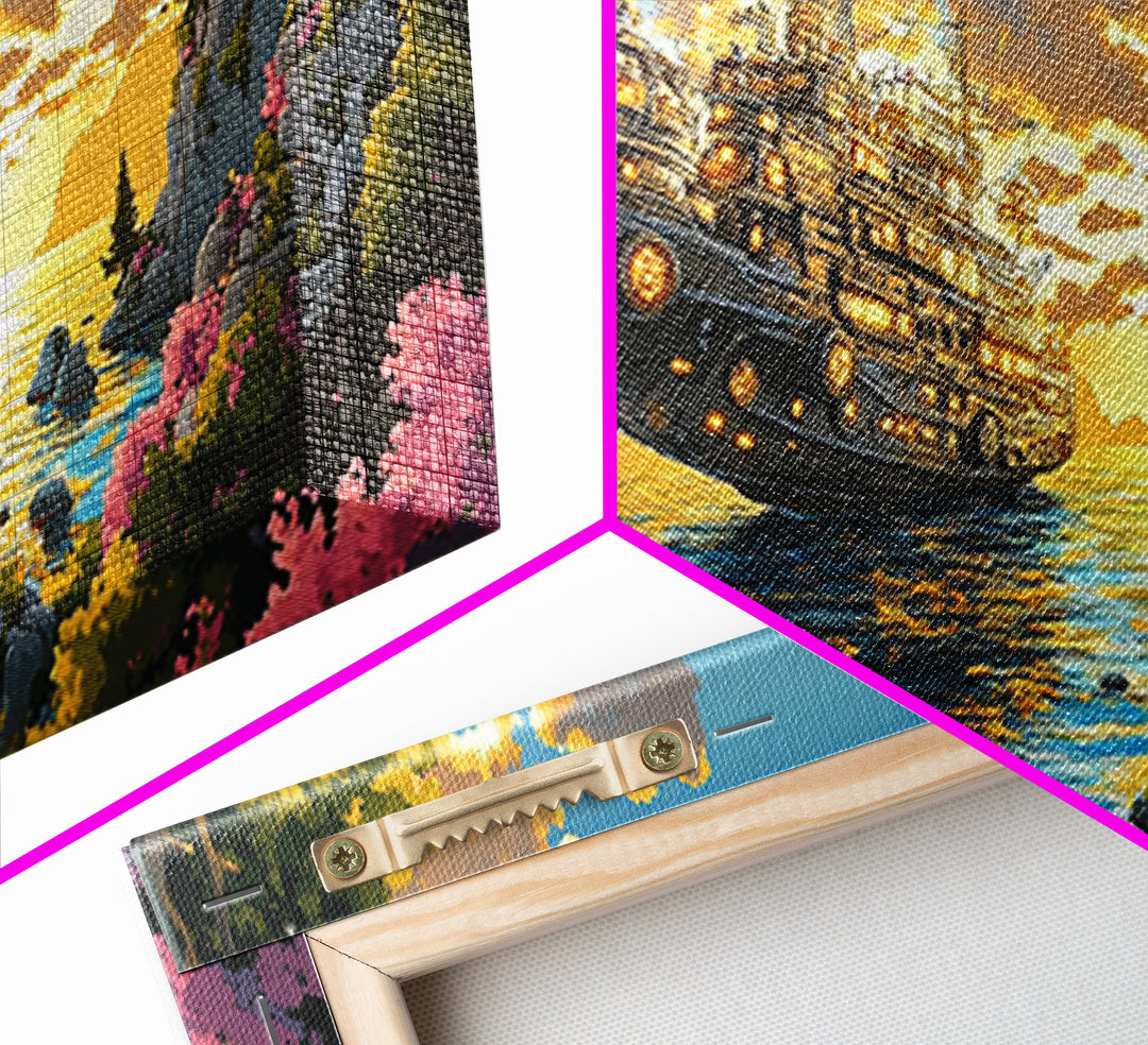 Mechanical Steampunk Ship On Sunlit Mountain Lake Canvas Print, Fantasy Wall Art, Colorful Coastal Living Room Decor Gift