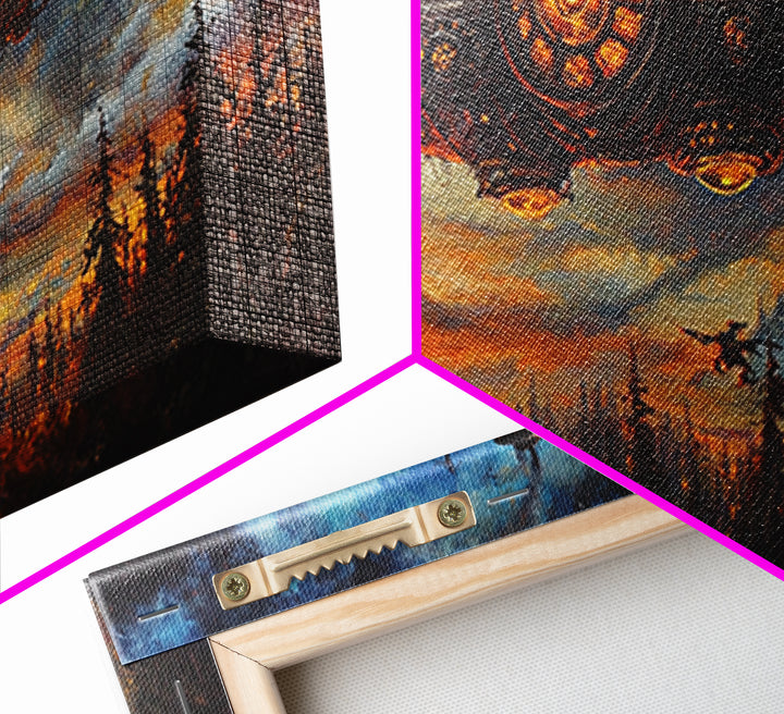 Dark Steampunk Airship Above Pine Forest Sunset Framed Canvas Print, Dystopian Sci Fi Wall Art, Moody Living Room Office Decor