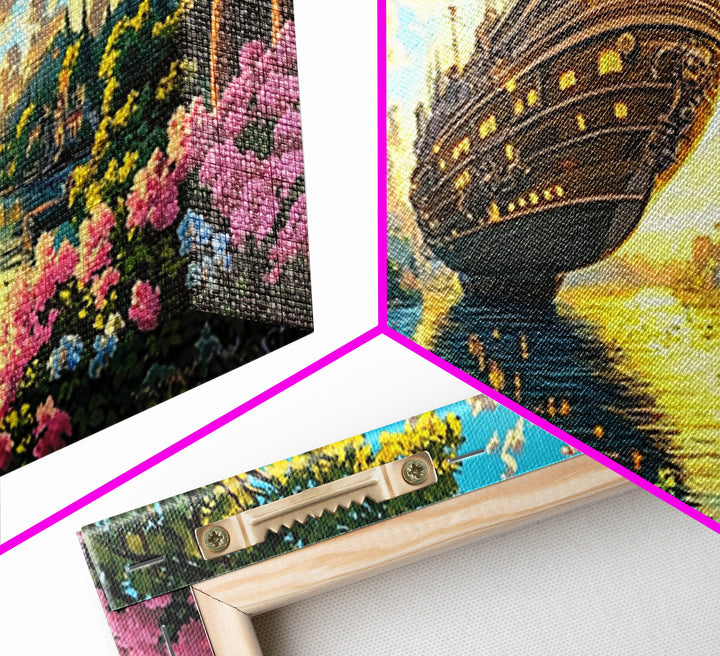 Ornate Floating Ship In Garden Harbor Canvas Print, Whimsical Fantasy Coastal Wall Art, Bright Lake House Living Room Decor