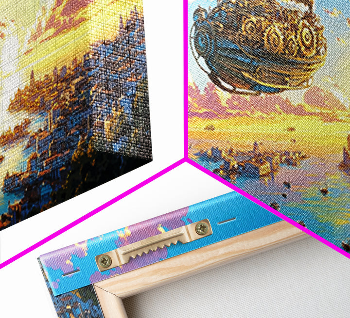Pastel Steampunk Airship Over Coastal City Sunrise Canvas Print, Fantasy Travel Wall Art, Colorful Mediterranean Home Decor