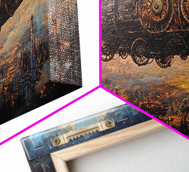 Industrial Steampunk Airship Over Dystopian City Framed Canvas Print, Sci Fi Wall Art, Dark Futuristic Living Room Office Decor