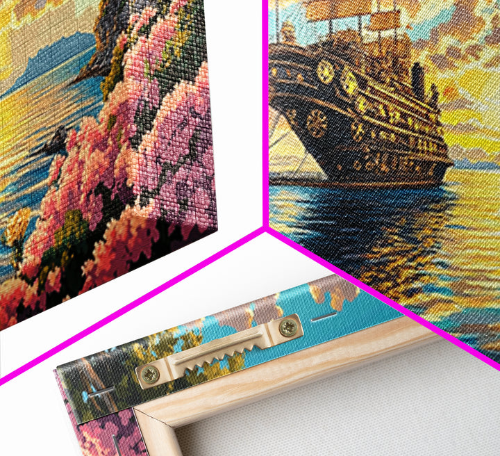 Ornate Steampunk Ship Docked In Flower Harbor Canvas Print, Fantasy Coastal Wall Art, Golden Sunset Living Room Decor Gift