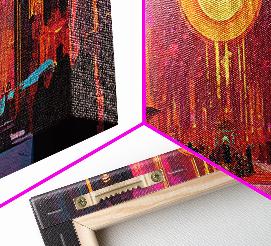 Neon Cyberpunk City With Golden Sun Disc Canvas Print, Futuristic Wall Art For Gaming Room And Modern Office Decor, Home Decor