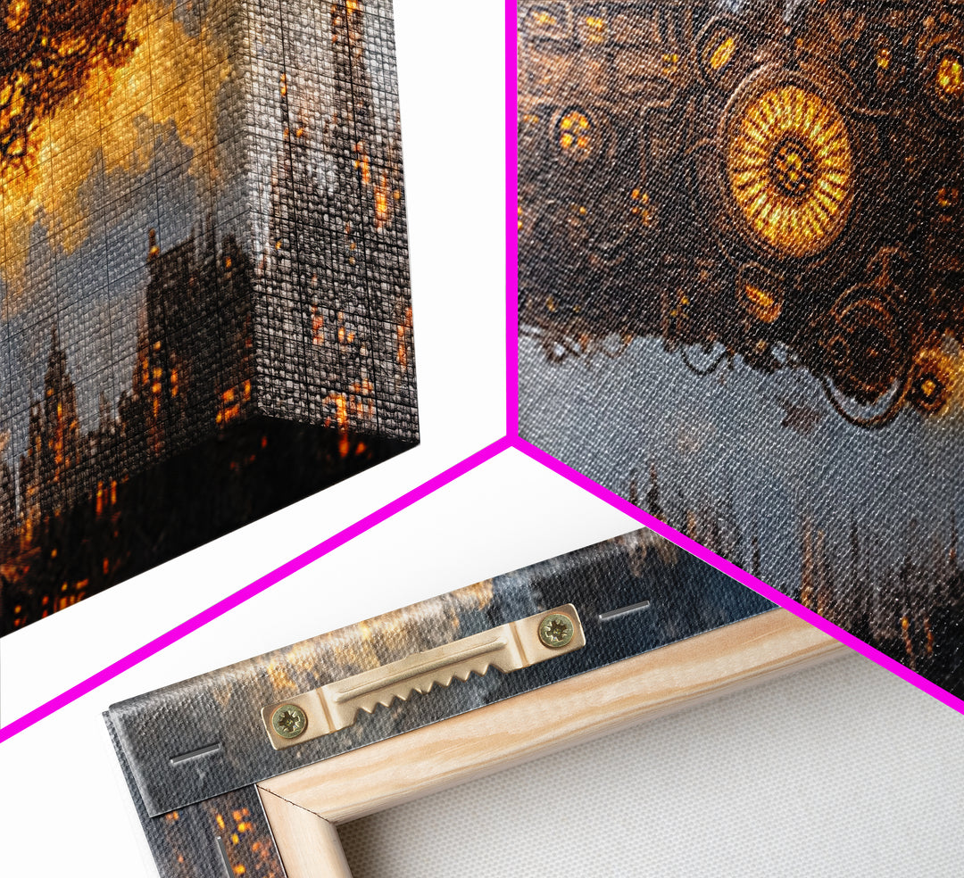 Steampunk Starship Over Smoky Dystopian Skyline Framed Canvas Print, Sci Fi Wall Art For Industrial Office And Man Cave Decor