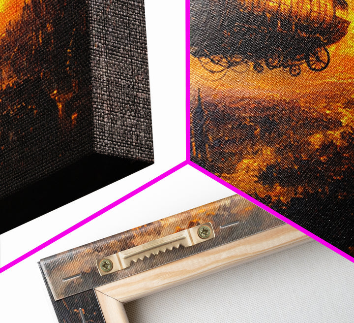 Moody Steampunk Airship At Fiery Sunset Framed Canvas Print, Dystopian City Wall Art For Gothic Office And Masculine Decor