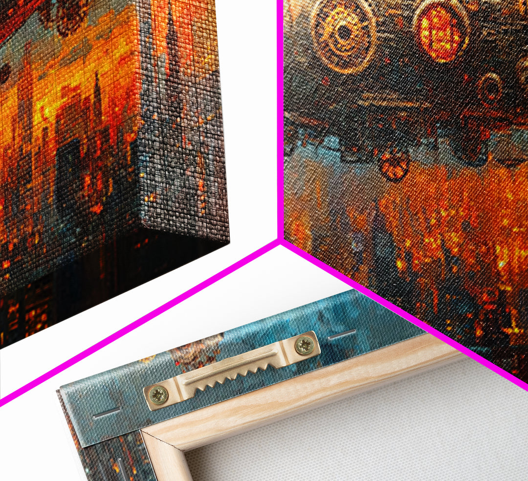 Industrial Steampunk Zeppelin Over Orange City Canvas Print, Futuristic Wall Art For Sci Fi Office Decor And Urban Home Decor